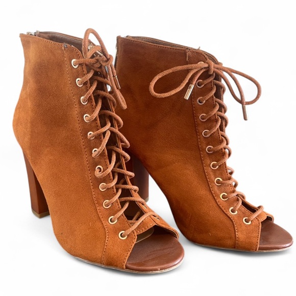 BAMBOO Tan Lace-Up Heeled Boots - Picture 1 of 5